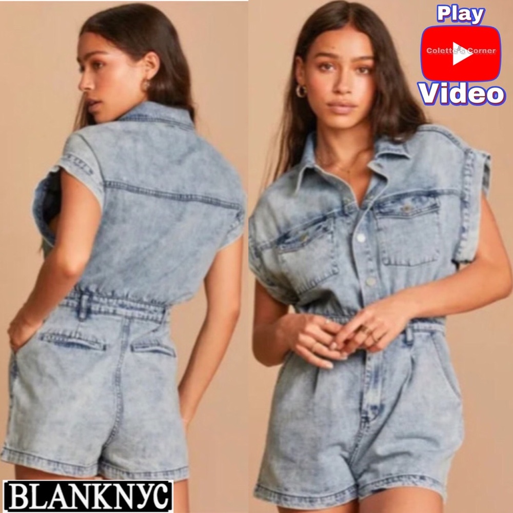 BLANK NYC HEAD BACKSTAGE LIGHT ACID WASH DENIM SHORT SLEEVE ROMPER IN BLUE